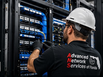 Commercial network technician working in an MDF rack