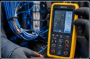 Technician certifying commercial network cabling
