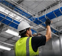 Technician installing commercial structured cabling